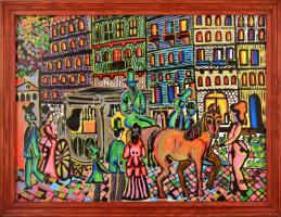 Papp jelzéssel: Színes város.Olaj, farost, keretben, 60×80 cm