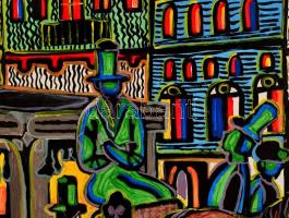 Papp jelzéssel: Színes város.Olaj, farost, keretben, 60×80 cm