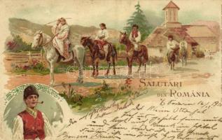 1901 Salutari din Romania! Librariei Storck 951. / Greetings from Romania! Art Nouveau, folklore litho art postcard (cut)
