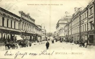 1900 Moscow, Moskau, Moscou; Rue Pont des Marechaux / Kuznetsky Most / street view, shops, policeman. Phototypie Scherer, Nabholz & Co. (small tear)