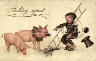 Boldog Újévet! / New Year greeting, chimney sweeper with pigs (EM)