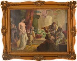 Geiger Richárd (1870-1945): Lányvásár. Olaj, vászon, jelzett, keretben, 60×82 cm / Richárd Geiger  (...