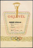 1957 Bp., Íjásznő oklevele olimpiai jelképpel