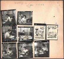 1968 Zombory Éva bélyegtervező munka közben, 9 db fotó kartonon, Bojár Sándor felvételei, 6×6 cm