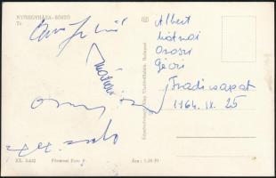 1964 Az FTC, Fradi labdarúgóinak aláírása képeslapon: Mátrai, Géczi, Albert, Oroszi