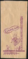 1930 Cadeau Csokoládégyár Rt. Budapest papírzacskója, hátoldalon a saját kezelésű fiókok listájával