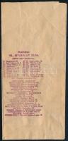 1930 Cadeau Csokoládégyár Rt. Budapest papírzacskója, hátoldalon a saját kezelésű fiókok listájával