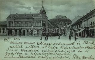 1900 Déva, vár, utca, Holtzer Károly, Szőcs F. Lajos, Hirsch Testvérek üzlete. Kiadja Hirsch Adolf / Cetatea Deva / castle, shops, street