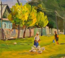 Zicherman Sándor (1935-): Falusi utca. Olaj, farost, jelzett, keretben, 50×80 cm