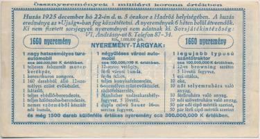 1925. "Hadirokkantak, Hadiözvegyek, Hadiárvák Nemzeti Szövetsége Tárgysorsjátéka" sorsjegy...