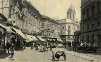 1912 Arad, Atzél Péter utca, lovas szekerek, lóvasút, Szálloda a Fehér Kereszthez, üzletek / street, hotel, horse carts, horse-drawn tram, shops