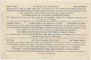 Budapest 1936. "36. Magyar Királyi Osztálysorsjáték" 1. osztályú 1/8 sorsjegye, "Benk...