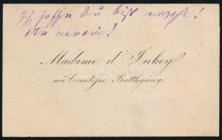 cca 1870 gróf Batthyány Antónia (1818-1886), Inkey Zsigmondné névjegye saját kézzel írt sorai gróf Vay Evelina, Czóbel Imréné részére