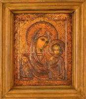 Antik hatású modern ikon:rézlemez, fa, masszív fa keretben. 27x21 cm