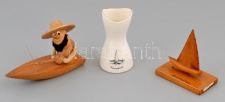 Balaton porcelán vázácska 9 cm + 2 db fa hajó figura