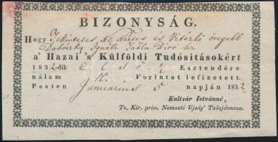 1832 Bizonyság befizetésről a Nemzeti Újság számára 16x9 cm