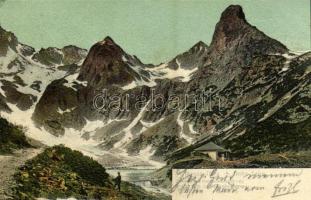 1904 Tátra, Vysoké Tatry; Zöld tó és Karbunkulus torony. F. Pietschmann / Jastrabia veza, Zelené pleso / lake, mountain (EK)