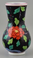 Herendi fekete bazsarózsa mintás mini váza, kézzel festett, jelzett, apró kopásnyomokkal, m: 9 cm