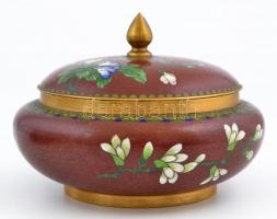 Zománcozott réz bonbonier, apró kopásnyomokkal, fa tartóval, m: 12 cm, d: 17 cm