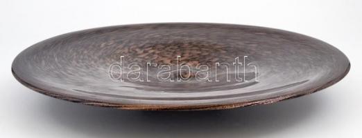 Dekoratív fújt nagy tál, anyagában színezett, két rétegű, jelzés nélkül, hibátlan, fa tartóval, d: 3...