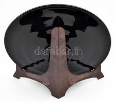 Dekoratív fújt nagy tál, anyagában színezett, két rétegű, jelzés nélkül, hibátlan, fa tartóval, d: 3...