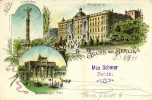 1899 Berlin, Siegersäule, Königl Schloss, Brandenburger Thor / monument, castle, gate. A. Jandorf & Co. Art Nouveau, floral, litho - from postcard booklet (EK)