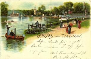 1899 Berlin, Treptow Paradies Garten / park, rowing boats, steamship. Kunstanstalt J. Miesler 111. Art Novueau, litho (EK)