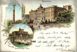 1898 Berlin, Siegessäule, Königl. Schloss, Brandenburger Thor. Verlag G. Hendelsohn / monument, royal castle, gate. Art Nouveau, floral, litho (EK)