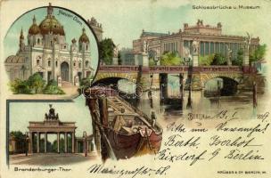 1899 Berlin, Neuer Dom, Schlossbrücke u. Museum, Brandenburger-Thor / cathedral, bridge, museum, gate. Krüger & Co. Art Nouveau, litho (EK)