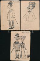 Jelzés nélkül: 3 db tus rajz (Korzó, Jogász, bajszos férfi, cca 1900), papír, foltos, 13,5×9 cm (3×)