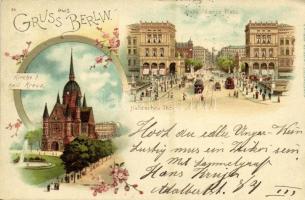 1898 Berlin, Hallesches Thor, Belle Alliance Platz, Kirche z. heil. Kreuz. / street view, tram, church. Kunstanstalt J. Miesler 22. Art Nouveau, floral, litho (EK)