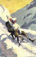 1915 Winter sport art postcard. Sledding couple s: O. Merté