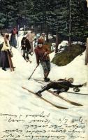 Winter sport, Lady skiing over a fallen man (wet corner)