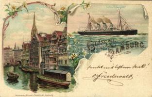 1898 Hamburg, Schnelldampfer Normannia, Catharinenfleet. Kunstverlag Röpke & Woortman. Art Nouveau, floral, litho