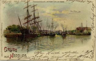 1899 Hamburg, Der Hafen / port, harbor, sailing vessels. Kunsverlagsanstalt Röpke & Woortman Transparentpostk. Meteor D.R.G.M. 88690. hold to light litho