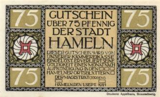 Német Birodalom/Weimari Köztársaság/Hameln 1921. 75Pf (6x) mind klf db, teljes sor! T:I