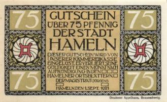 Német Birodalom/Weimari Köztársaság/Hameln 1921. 75Pf (6x) mind klf db, teljes sor! T:I