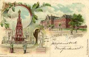 1898 Hamburg, Justiz-Gebäude, Kaiser Karl Brunnen / Justice Palace, fountain. Verlag v. Röpke & Woortman Serie A No. 4. Art Nouveau, floral, litho (EK)