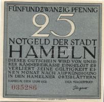 Német Birodalom/Weimari Köztársaság/Hameln 1921. 25Pf, 50Pf, 75Pf, 1M, 4 klf db, teljes sor! T:I,I-