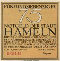 Német Birodalom/Weimari Köztársaság/Hameln 1921. 25Pf, 50Pf, 75Pf, 1M, 4 klf db, teljes sor! T:I,I-