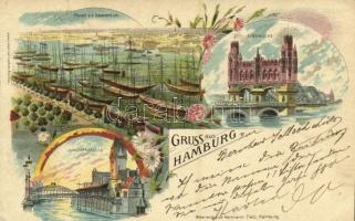 1899 Hamburg, Hafen v. d. Seewarteges., Elbbrücke, Jungfernbrücke. Kunst. Anst. Carl Leykum, Waarenhaus Hermann Tietz Art Nouveau, floral, litho (EK)