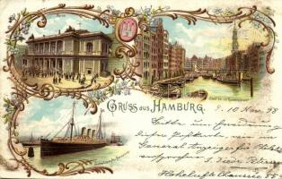 1898 Hamburg, Börse, Fleet bei der Reimersbrücke, Schneldampfer "Normannia" / stock market, bridge, steamship, coat of arms. Art Nouveau, floral, litho (EK)