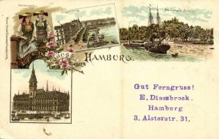 1898 Hamburg, Jungfernstieg, Blankenese Süllberg, Rathaus, Vierländerin. Kunst. Anstalt Rosenblatt 1252. Art Nouveau, floral, litho (EB)