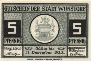 Német Birodalom/Weimari Köztársaság/Wurzbach 1922. 5Pf, 10Pf, 25Pf, 50Pf, 75Pf, 5 klf db, teljes sor! T:I