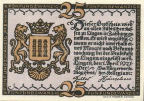 Német Birodalom/Weimari Köztársaság/Lingen DN(1921) 10Pf, 25Pf, 50Pf, 3 klf db, teljes sor! T:I