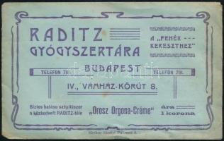 cca 1900 Budapest IX Raditz gyógyszertára a Fehér Kereszthez receptboríték, tartalommal