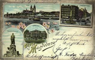 1899 Magdeburg, Dom, Hasselbachplatz, Bismarck-Denkmal, Herrenkrug / cathedral, square, tram, monument, park, hotel. Lit. B. No. 791. Art Nouveau, floral, litho (EK)