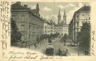 1898 Magdeburg, Wilhelmstrasse mit Ulrichskirche / street view, tram, church