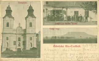 1903 Kiscell (Celldömölk), templom, Saági hegy, Első Kis-Czelli Bazárház, Zsigmond István üzlete (kis szakadás / small tear)