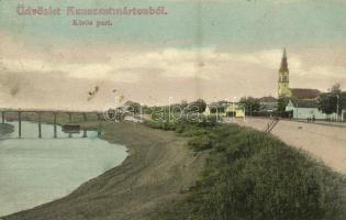1908 Kunszentmárton, Kőrös part, templom, híd. Sáray Albert felvétele és Wolf Dezső kiadása